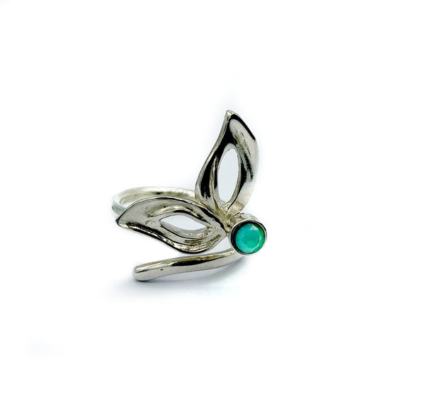 flower ring, green agate silver ring, contemporary silver ring adjustable 