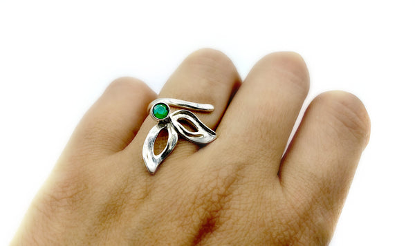 flower ring, green agate silver ring, contemporary silver ring adjustable 