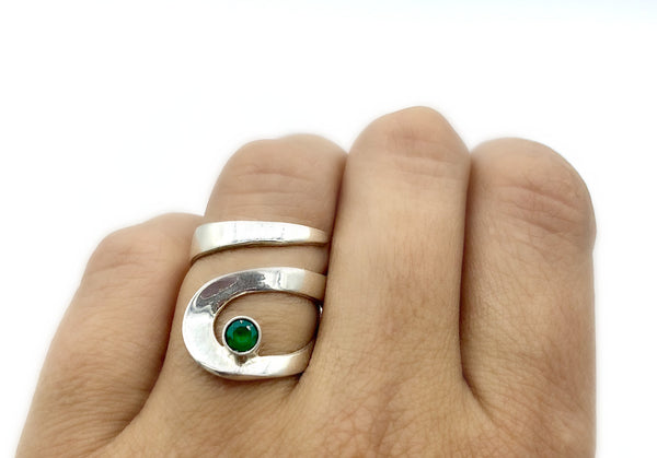green agate silver adjustable ring, drop shape silver ring, contemporary silver ring 