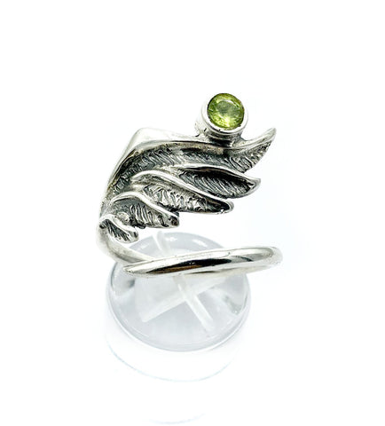 wing ring, angel ring, angel wing ring, green peridot ring adjustable ring 