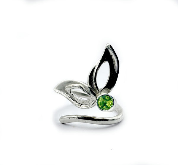 flower ring, green peridot silver ring, contemporary silver ring adjustable 