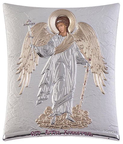 Guardian Angel Greek Byzantine Christian Orthodox Silver Icon, Silver 11.8x14.6cm 