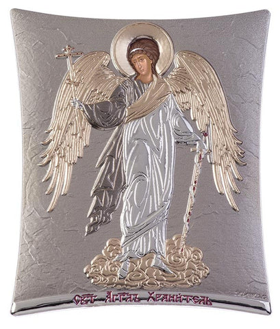 Guardian Angel -  Greek Byzantine Christian Orthodox Silver Icon, Grey 11.8 x 14.6 cm 