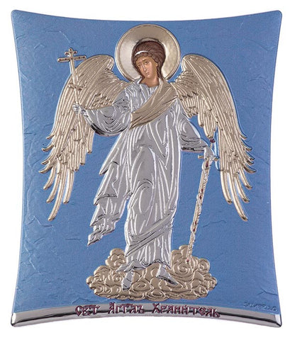 Guardian Angel Greek Byzantine Christian Orthodox Silver Icon, Blue Ciel 11.8x14.6cm 