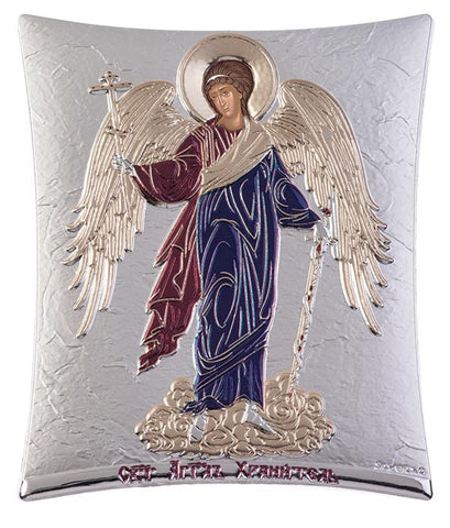 Guardian Angel Greek Christian Orthodox Silver Icon, Burgundy 11.8x14.6cm 