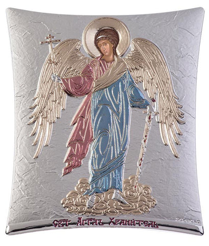 Guardian Angel -  Greek Byzantine Christian Orthodox Silver Icon, Red & Blue 14.6x11.8cm 