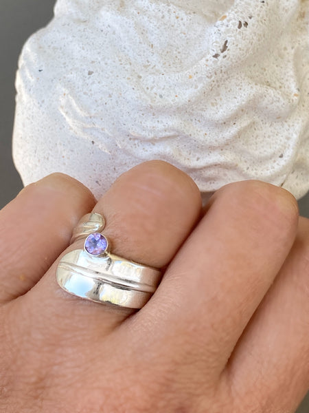 Purple gemstone ring silver, adjustable ring 