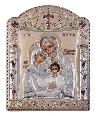 Holy Family Greek Orthodox Silver Icon, Gold 22.7x30.5cm 