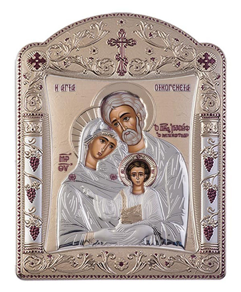 Holy Family Byzantine Greek Christian Orthodox Silver Icon, Gold 16.7x22.4cm 