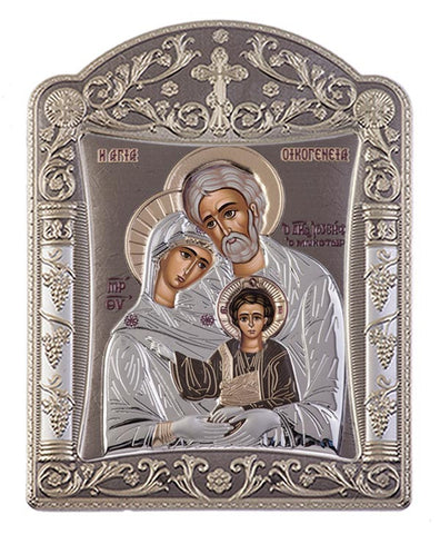 Holy Family Byzantine Greek Christian Orthodox Silver Icon, Grey 22.7x30.5cm 