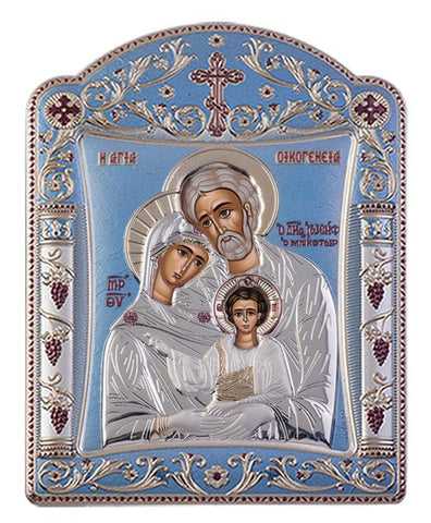 Holy Family Greek Orthodox Silver Icon, Blue Ciel 22.7x30.5cm 