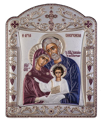 Holy Family - Greek Orthodox Silver Icon, Burgundy 22.7x30.5cm 