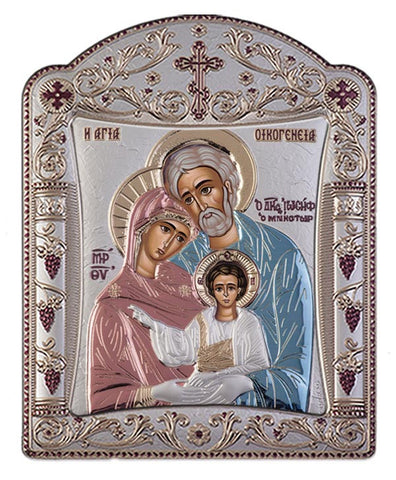 Holy Family Byzantine Greek Orthodox Silver Icon, Red & Blue 16.7x22.4cm 