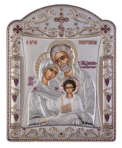 Holy Family Byzantine Greek Christian Orthodox Silver Icon, Silver 16.7x22.4cm 
