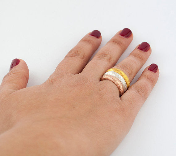 Gold silver stacking band, Textured band ring, Gold stacking ring - Handmade with Love - Eleni Pantagis