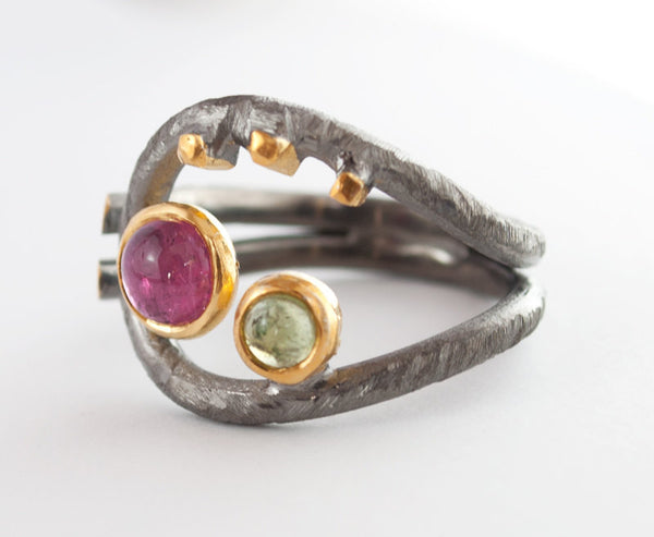 Artisan ring pink tourmaline peridot hammered silver ring - Handmade with Love - Eleni Pantagis