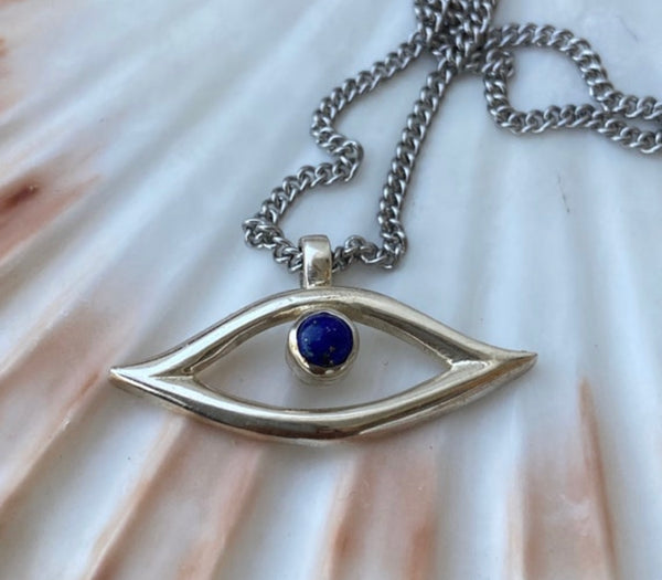 Evil eye necklace blue lapis stainless steel chain