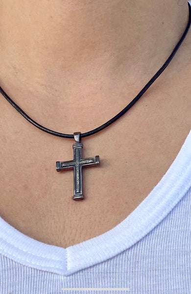 Men's black cross necklace with leather cord