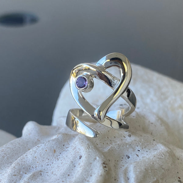 Heart ring, contemporary silver heart amethyst stone, adjustable heart ring