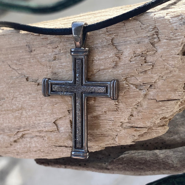 Men's black cross necklace with leather cord