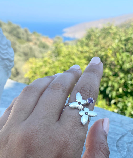 silver butterfly ring, adjustable butterfly ring amethyst ring