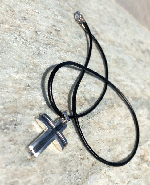 Men’s cross necklace, leather cord, black silver cross pendant 