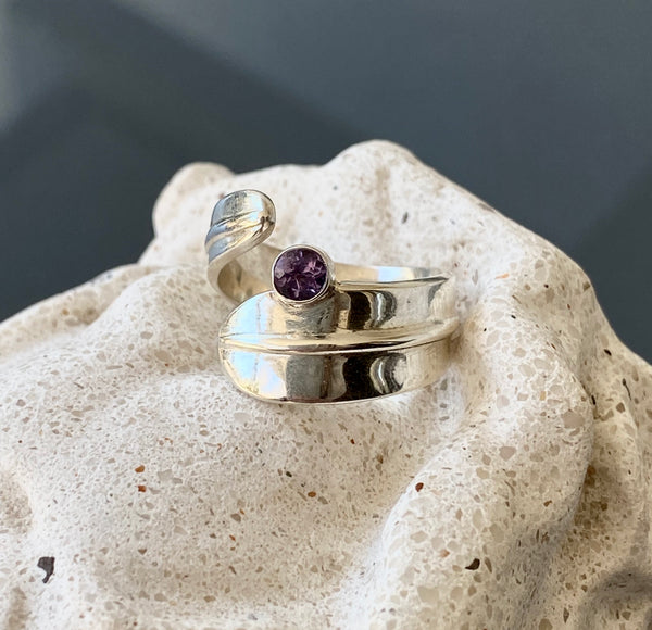 Purple gemstone ring silver, adjustable ring 