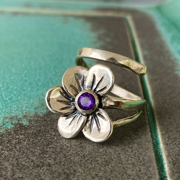 Flower ring silver, amethyst silver ring, amethyst flower ring 