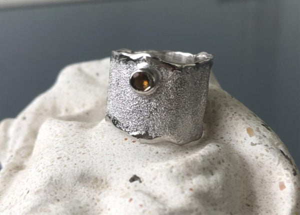 Citrine silver ring, November birthstone yellow stone ring rough textured wide ring 