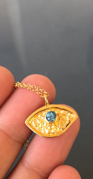 Gold evil eye pendant, sterling silver blue topaz gemstone evil eye 