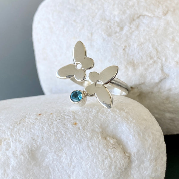 Silver butterfly ring, butterfly ring with gemstone blue topaz ring