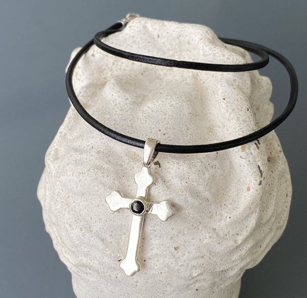 silver cross, woman’s silver cross Byzantine cross black gemstone 