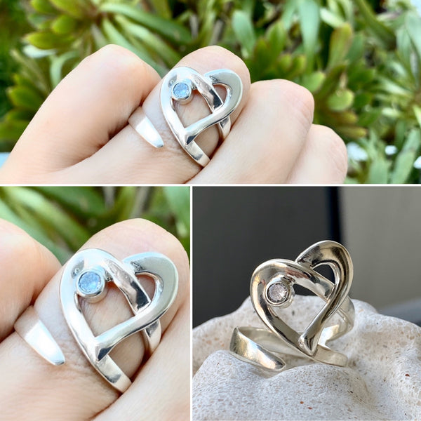 Silver heart ring, heart ring zircon gemstone, adjustable ring 