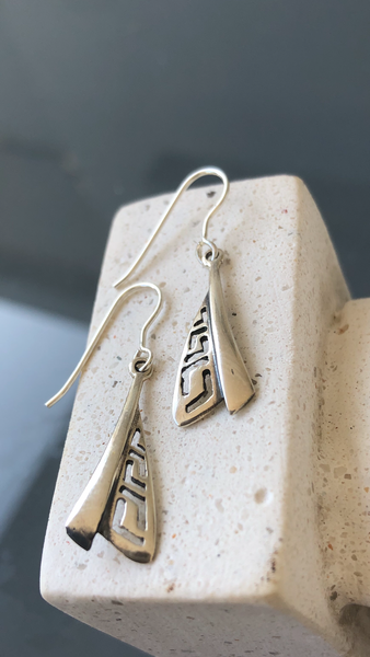 Greek earrings silver, dangling silver earrings triangle shape 