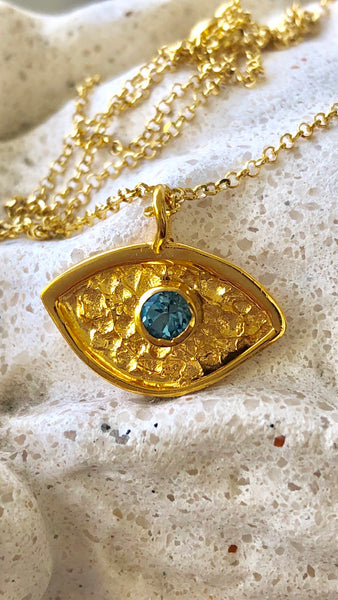 Gold evil eye pendant, sterling silver blue topaz gemstone evil eye 