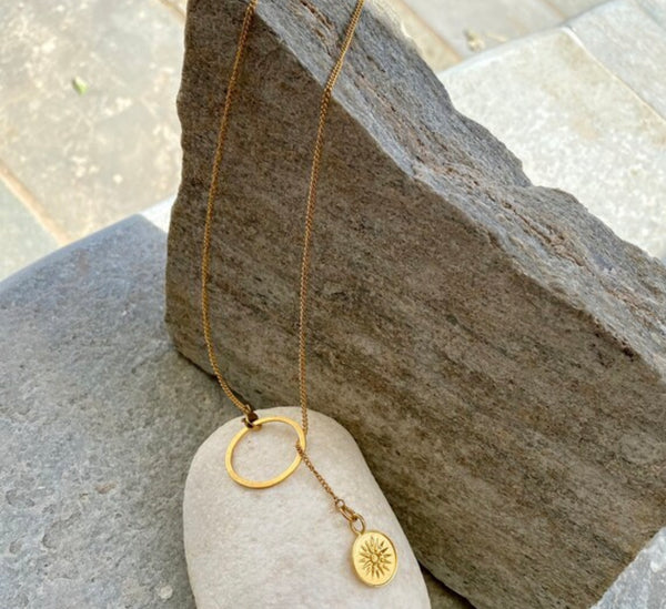 Lariat necklace gold circle with Macedonian star greek necklace