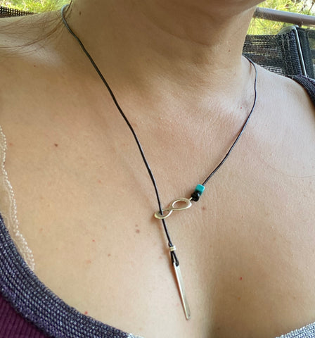 Silver Lariat necklace eternity and bar black leather necklace with turquoise stone