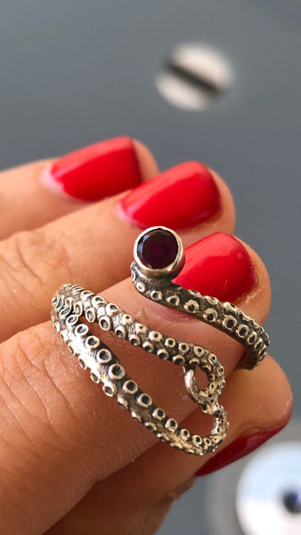 octopus silver ring, red garnet ring, tentacle ring, silver adjustable ring 