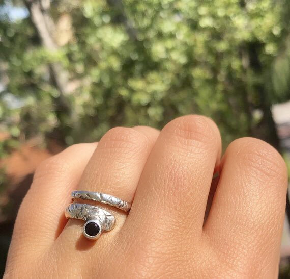 Black gemstone ring, adjustable silver ring 