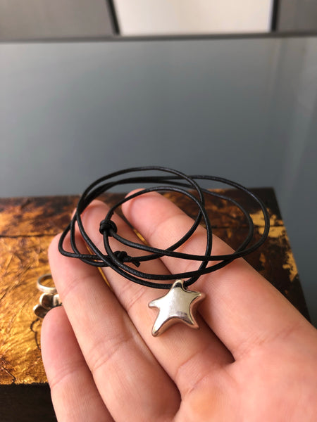 Silver star necklace with leather adjustable cord 