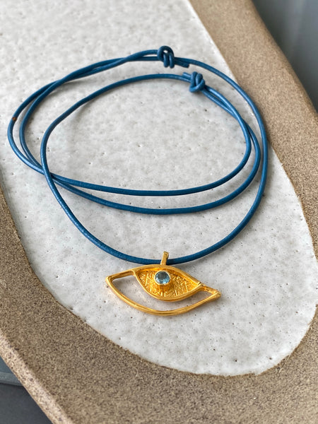 Evil eye pendant gold, sterling silver blue topaz gemstone evil eye 