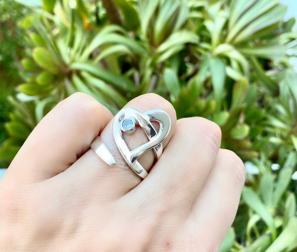 Heart ring, contemporary silver heart ring zircon stone, adjustable heart ring 