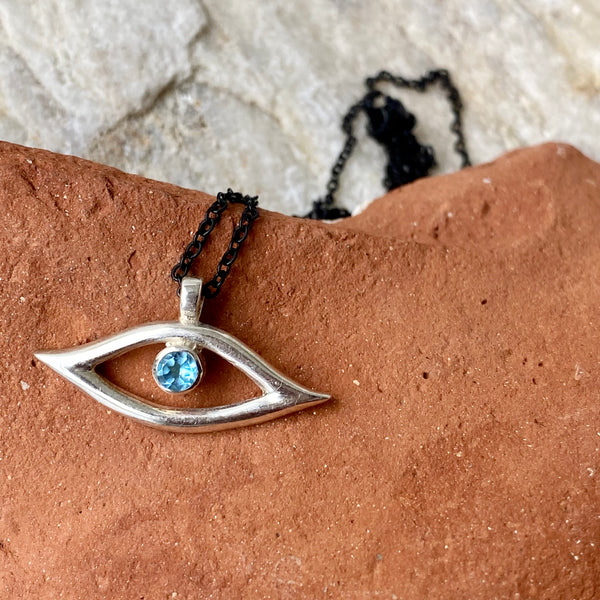 Evil eye necklace silver topaz black stainless steel chain