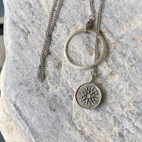 Lariat necklace silver circle with Macedonian star greek necklace