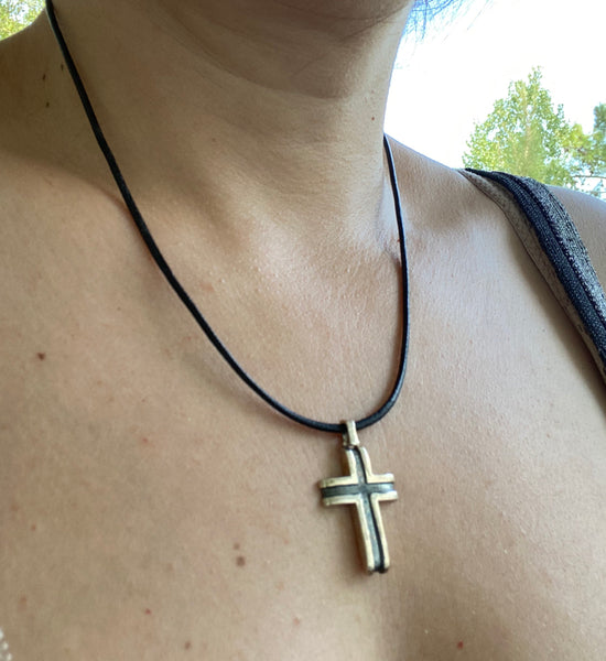 black and silver cross with leather cord, mens silver cross