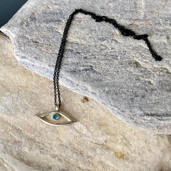 Evil eye necklace silver topaz black stainless steel chain