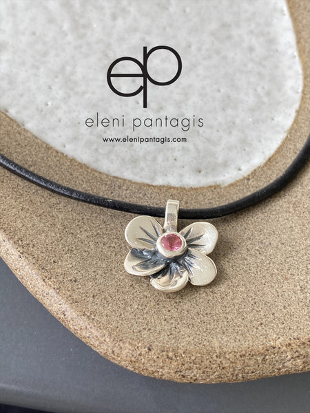 flower pendant, pink tourmaline silver necklace, poppy flower necklace 