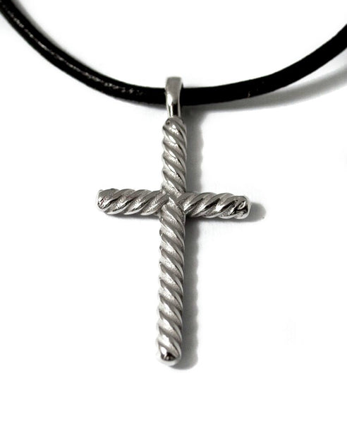 Sterling silver rope cross with leather cord 