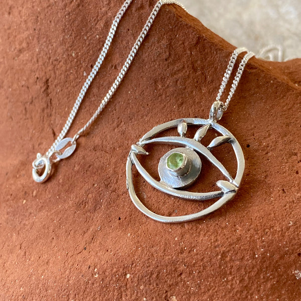 Large evil eye pendant, peridot pendant, silver eye pendant silver chain, eye jewelry