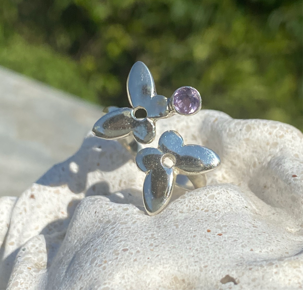 silver butterfly ring, adjustable butterfly ring amethyst ring